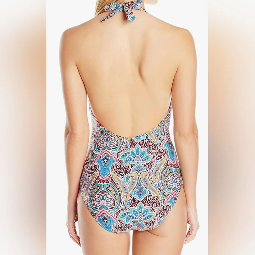 Jantzen Multicolor Paisley Halter One-Piece Swimsuit - Blue, Pink, Cream